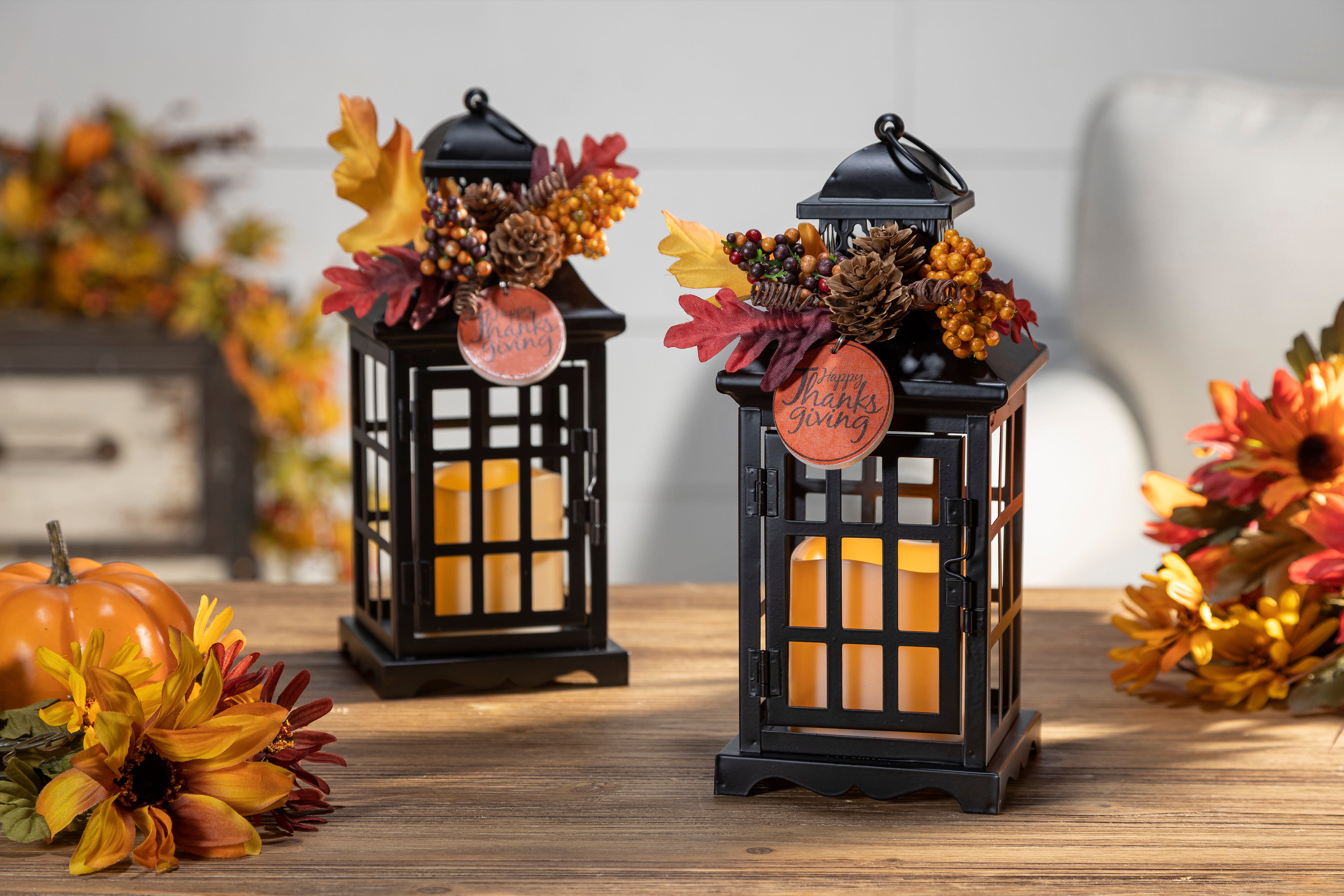 Set of 2 Autumn Lanterns with Fall Floral Accents, LED Candle